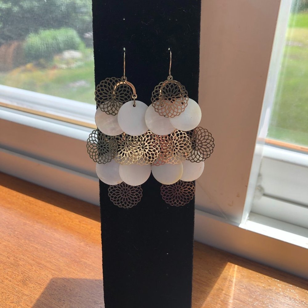 Bloomingdales Gold Tone Mother of Pearl Chandelier Statement Earrings Festival